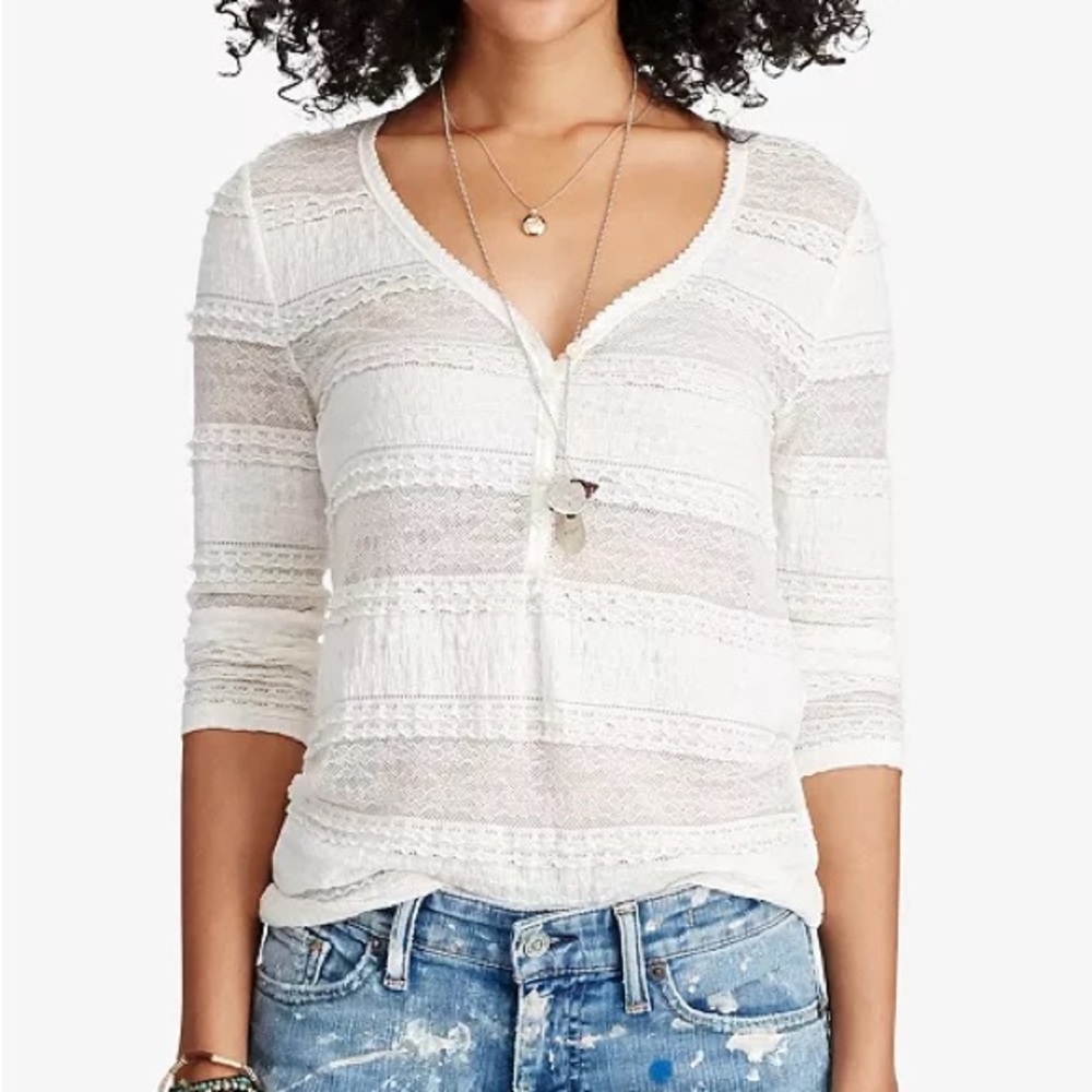Denim & Supply Ralph Lauren Lace Henley Top Ivory Large Lace Feminine Casual
